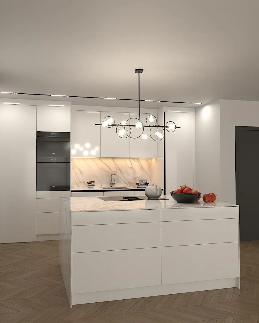 3D-Visualisierung derselben weissen Küche aus anderer Perspektive mit Kochinsel und Pendelleuchte